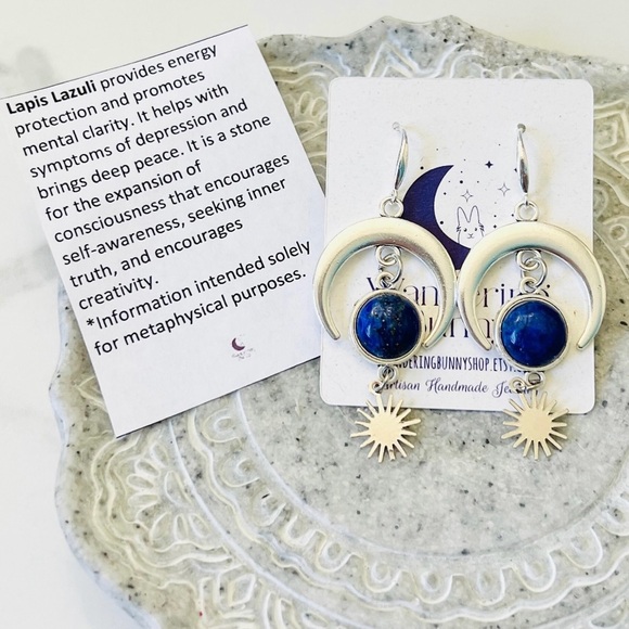 Lapis Lazuli Celestial Earrings - Handmade by Wandering Bunny LLC - Picture 2 of 7